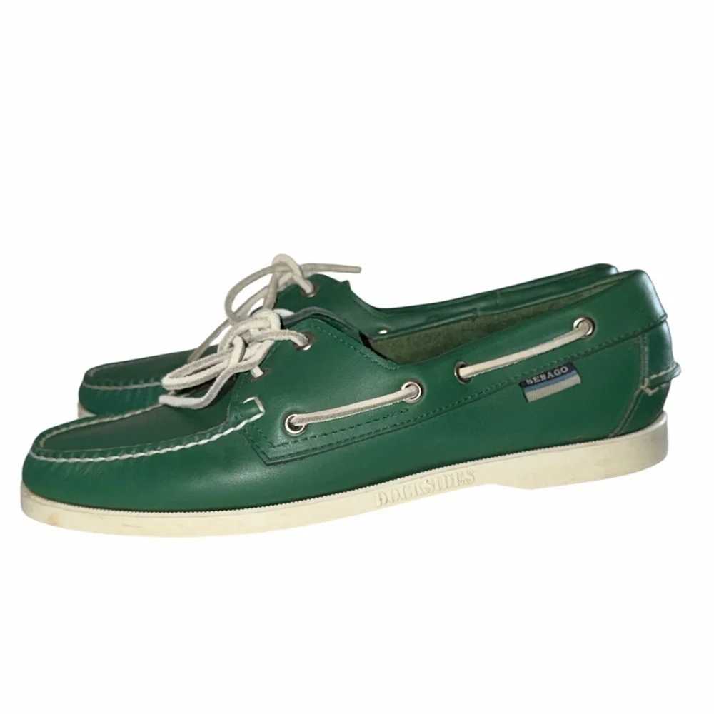 Sebago Green Leather Docksides Portland Loafers with White Laces